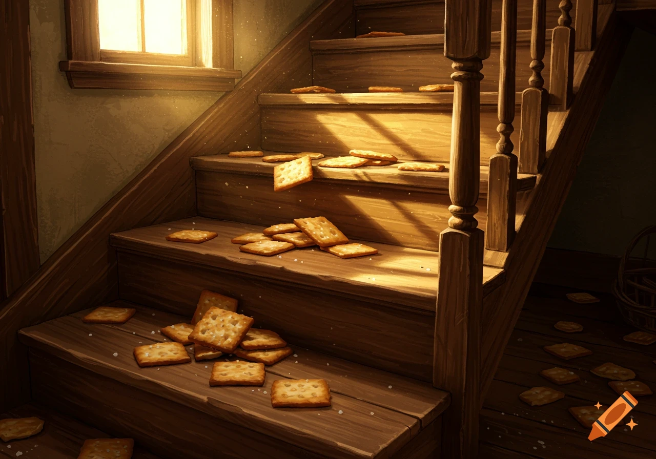 Sunlit wooden stairs covered in scattered saltine crackers, with sunlight streaming from a window.
