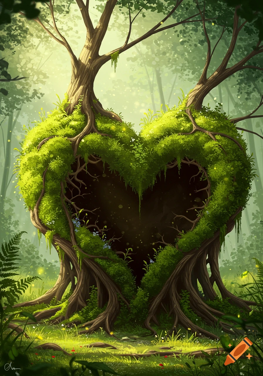 Two trees with moss and roots form a large green heart in a magical, sunlit forest. Artistic illustration.