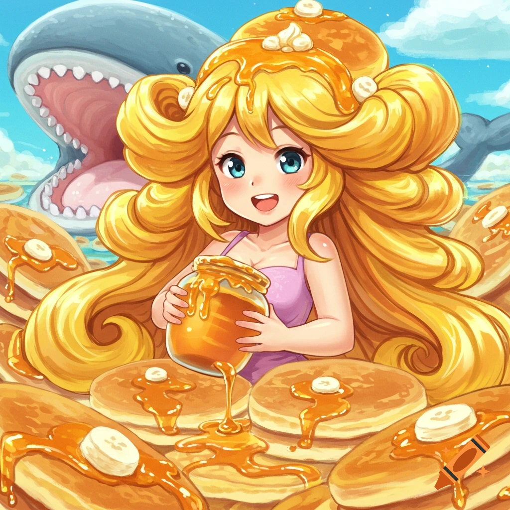 Cute anime girl with long golden 'pancake' hair pours honey onto pancakes in an ocean, with a cartoon whale.