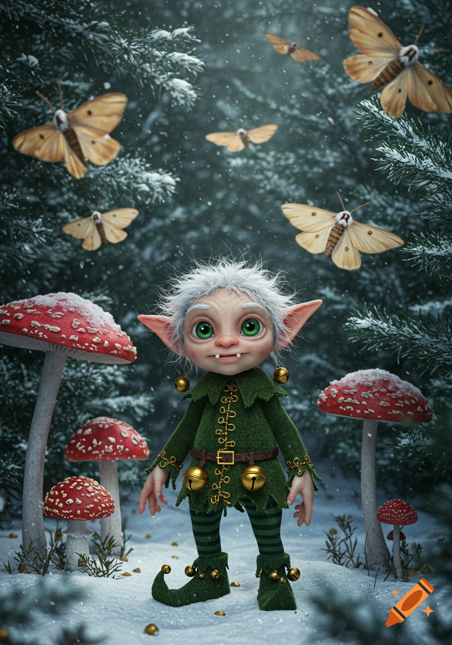 A strange Christmas elf in a green suit with white hair and fangs stands in a snowy forest with red mushrooms and flying moths.