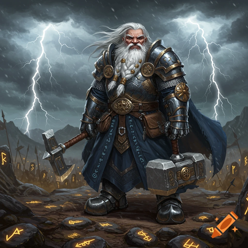 A fierce dwarf warrior in full plate armor, with a long white beard, holding a warhammer and axe, stands in a stormy, rune-covered landscape with lightning.