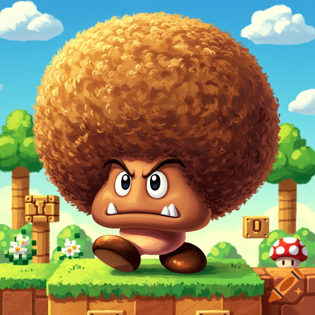A cartoonish Goomba with a large brown afro walks through a colorful Super Mario-style landscape under a blue sky.