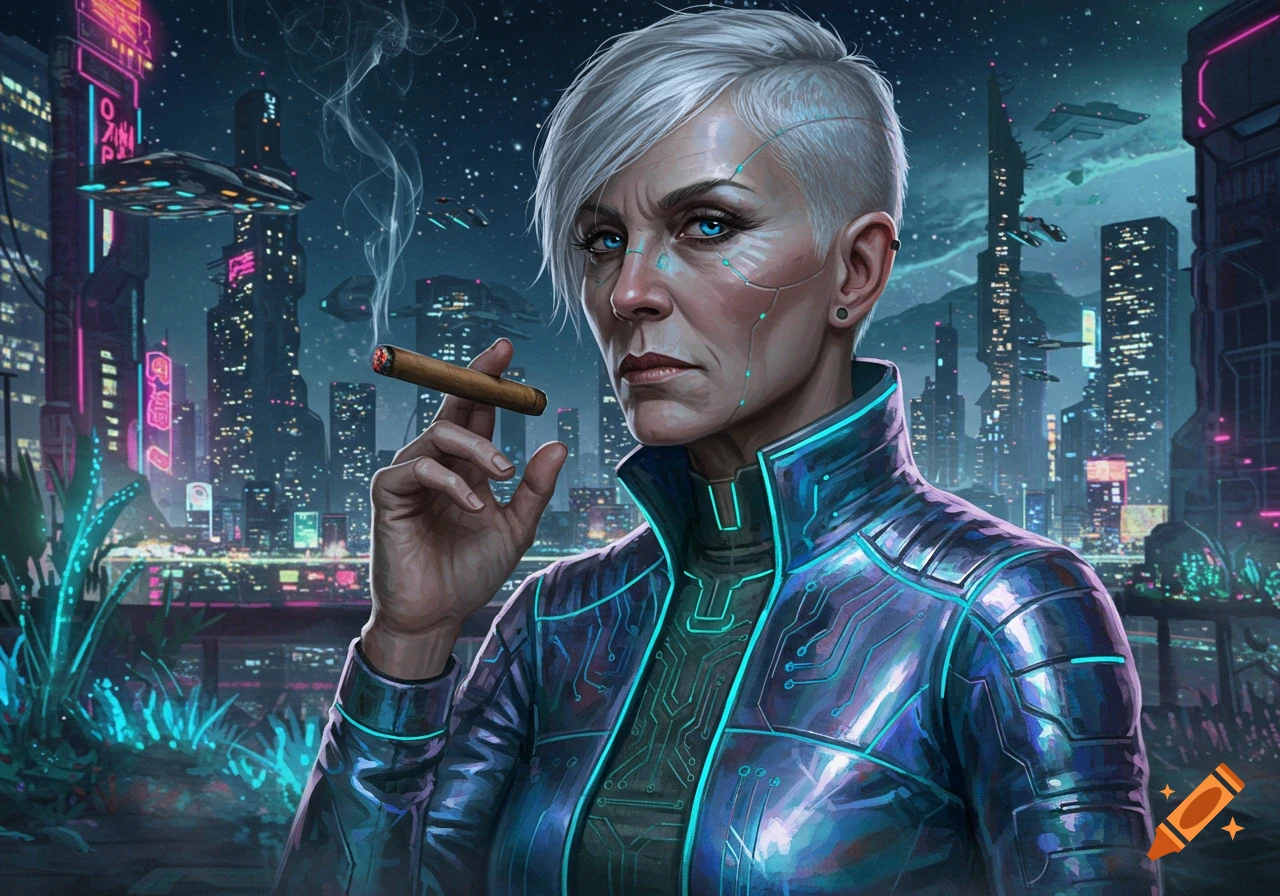 A middle-aged woman with short white hair and glowing blue cybernetic implants smokes a cigar against a neon-lit futuristic city at night.