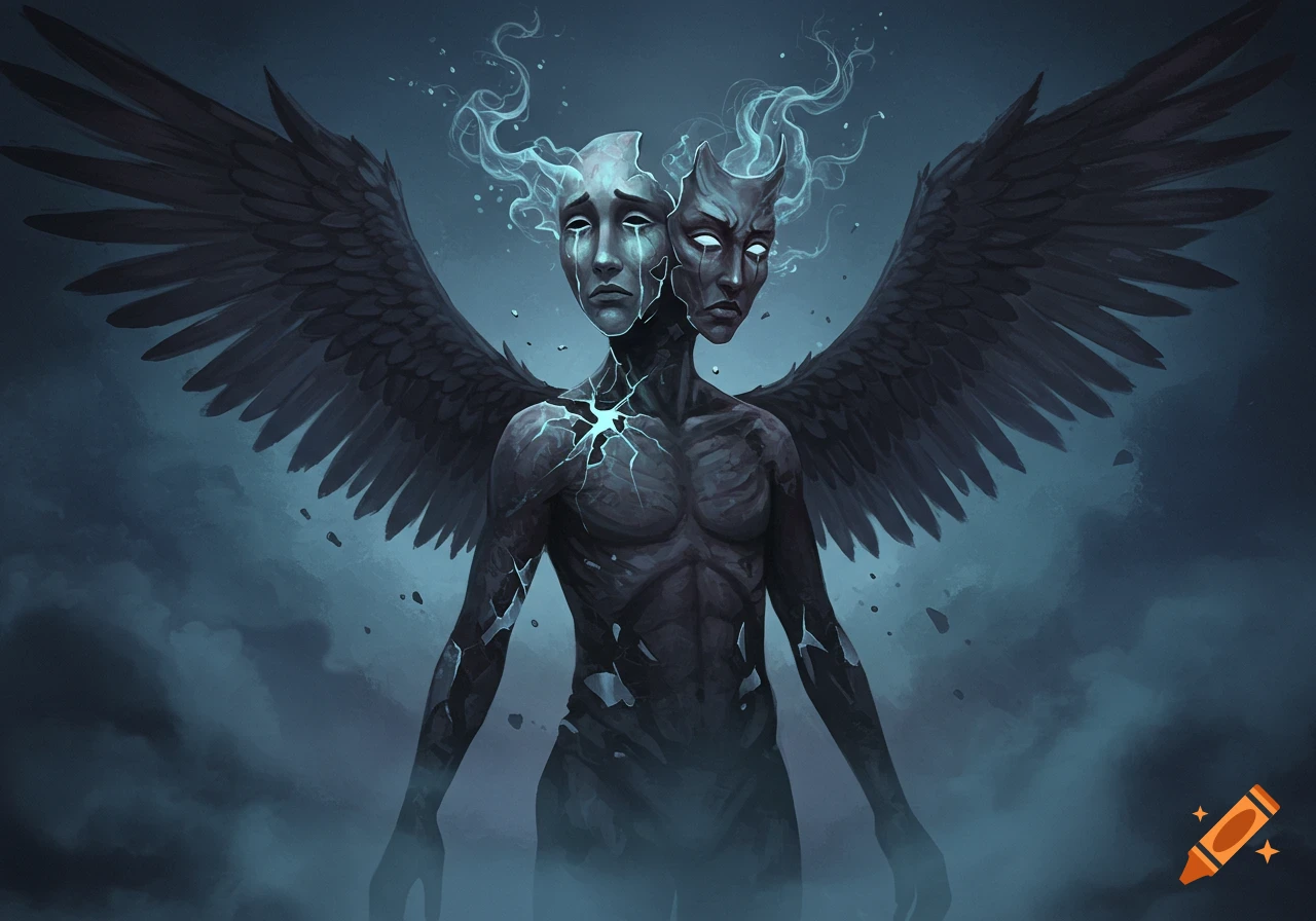 Dark fantasy art of a winged, two-faced ethereal being with cracked glowing skin, one face crying, one snarling.