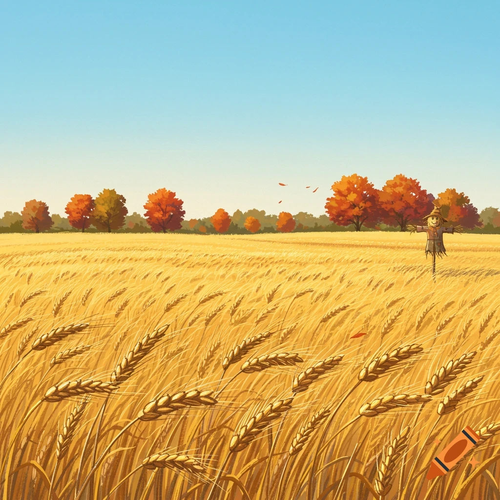 A cartoon illustration of a golden wheat field with a scarecrow and autumn trees under a blue sky.