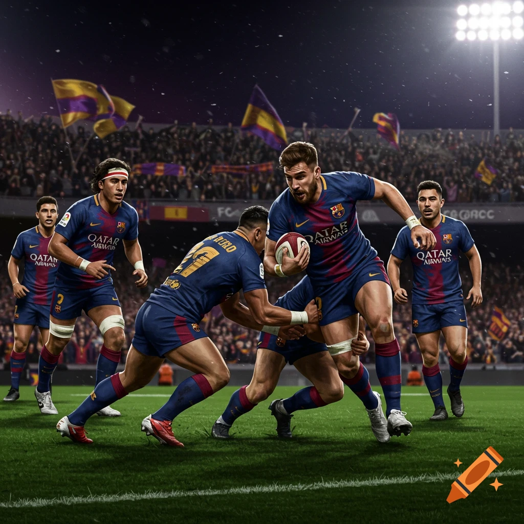 FC Barcelona rugby players in blue and red jerseys tackle each other during a match in a floodlit stadium at night.