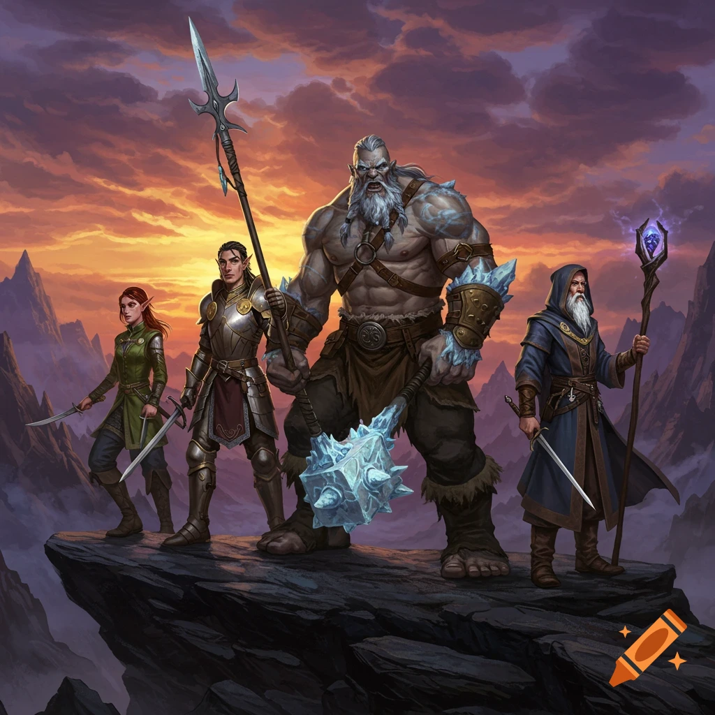 A fantasy group of four adventurers, including a half-elf paladin, a goliath barbarian, a half-elf rogue, and a human wizard, stand on a mountain peak at sunset.