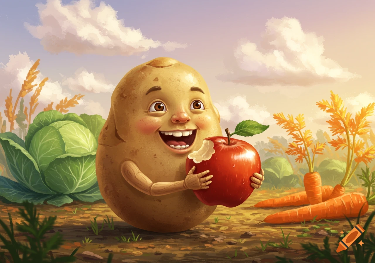 A cheerful anthropomorphic potato with arms and a smiling face eats a red apple in a sunny farm field with cabbage and carrots.