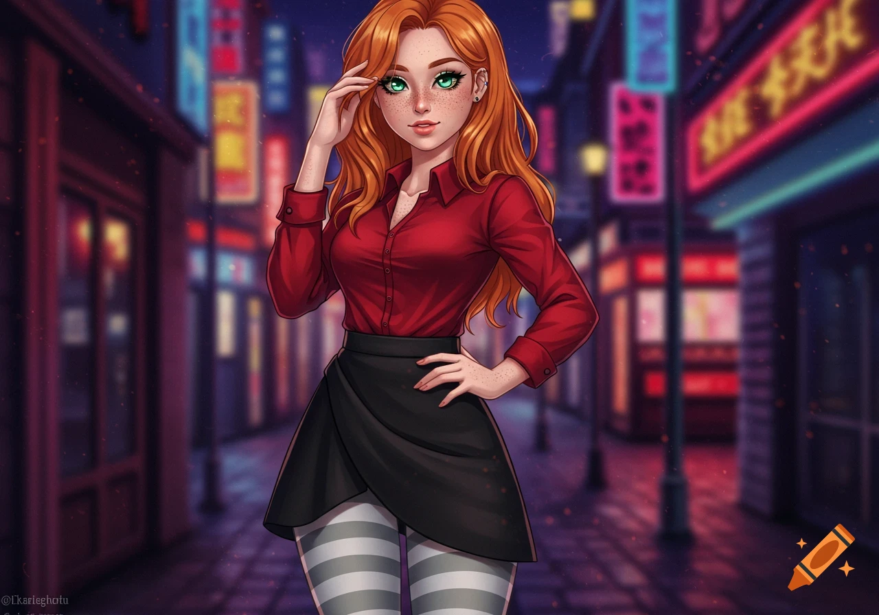 Anime illustration of a red-haired woman in a red shirt, black skirt, and striped leggings on a neon-lit city street at night.