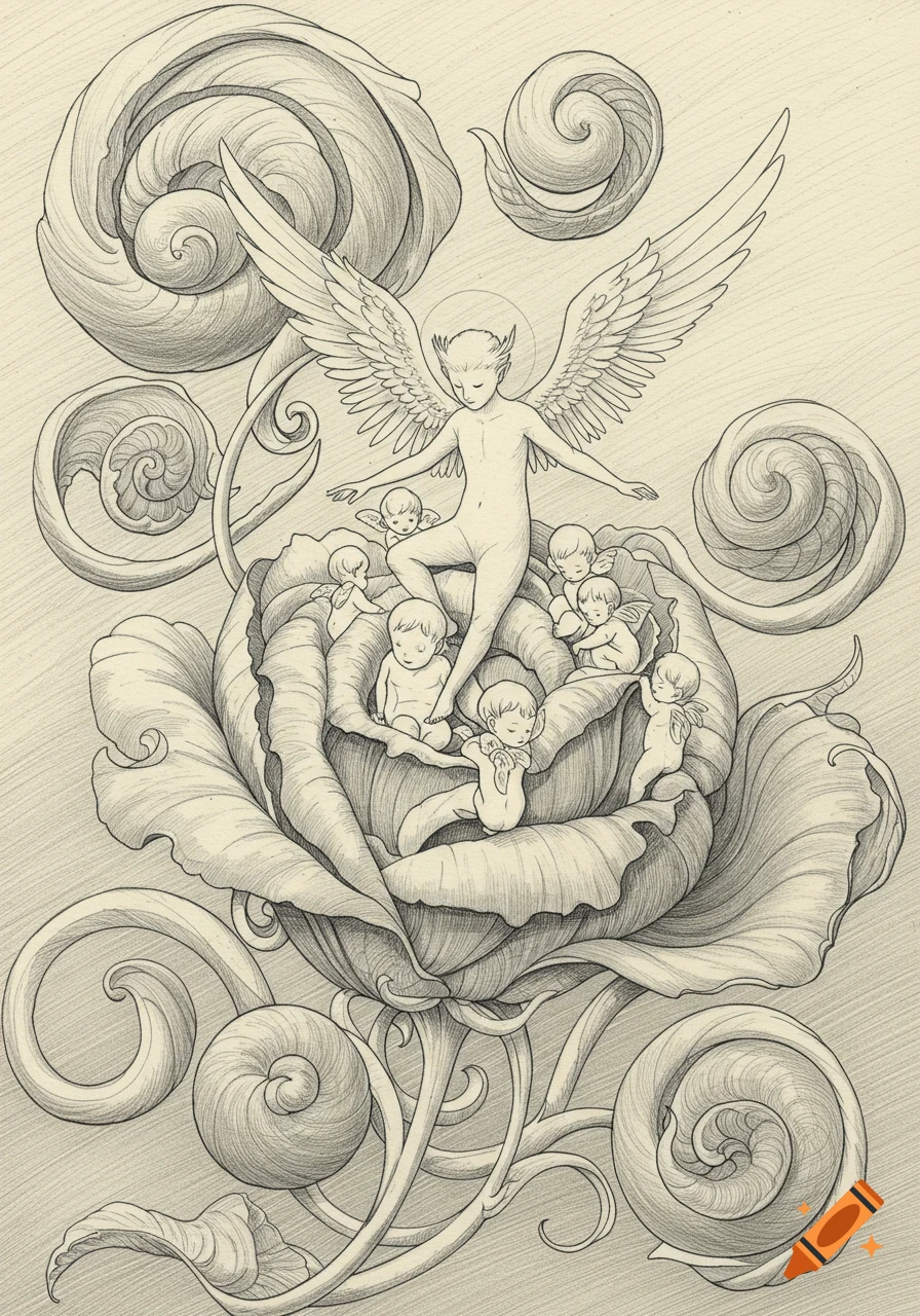 Pencil line drawing of a winged angelic figure standing on an intricate flower surrounded by small cherubs and swirling foliage.