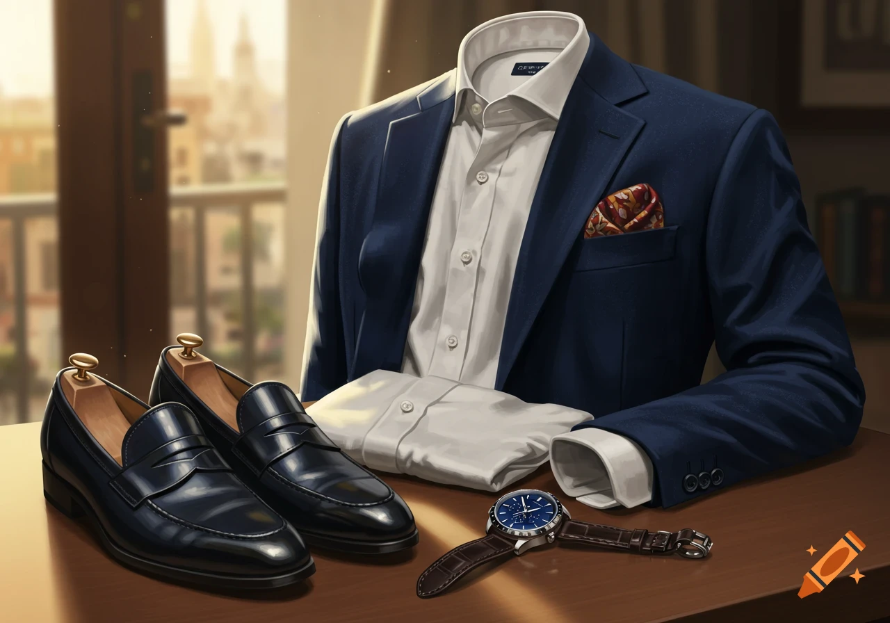 A formal men's outfit: a blue suit jacket, white dress shirt, black loafers with shoe trees, and a watch on a wooden table.