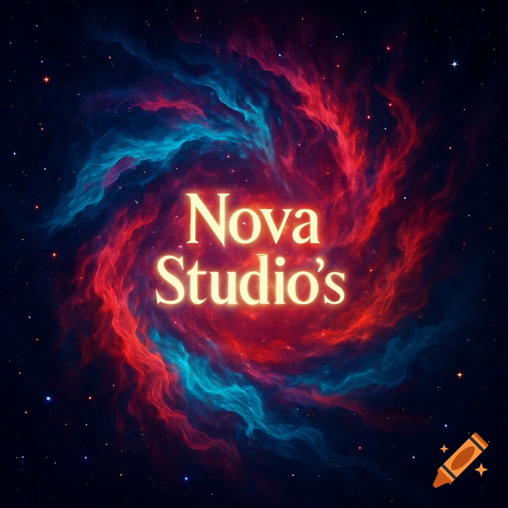 Vibrant cosmic nebula in red and blue with glowing 'Nova Studio's' text and scattered stars.