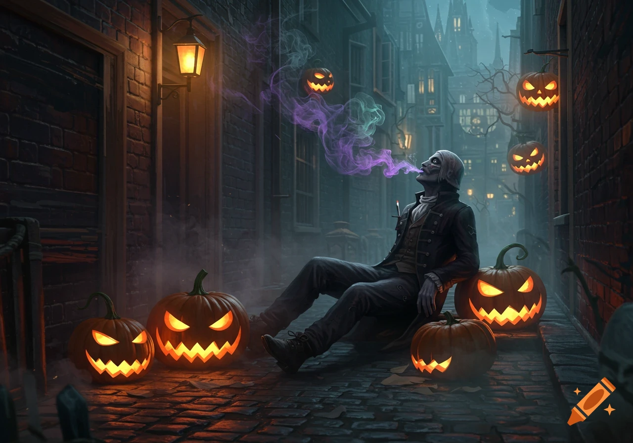 Ghoulish figure smoking a vape in a dark, atmospheric alley surrounded by glowing jack-o'-lanterns and spooky buildings.
