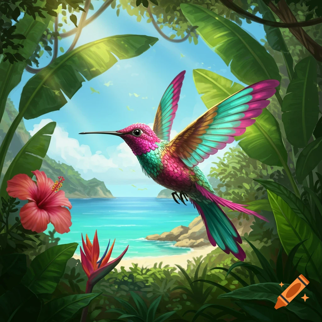 A vibrant pink and teal hummingbird with golden wings flies through a lush tropical scene with banana leaves, hibiscus, and a sunny beach and ocean in the background.