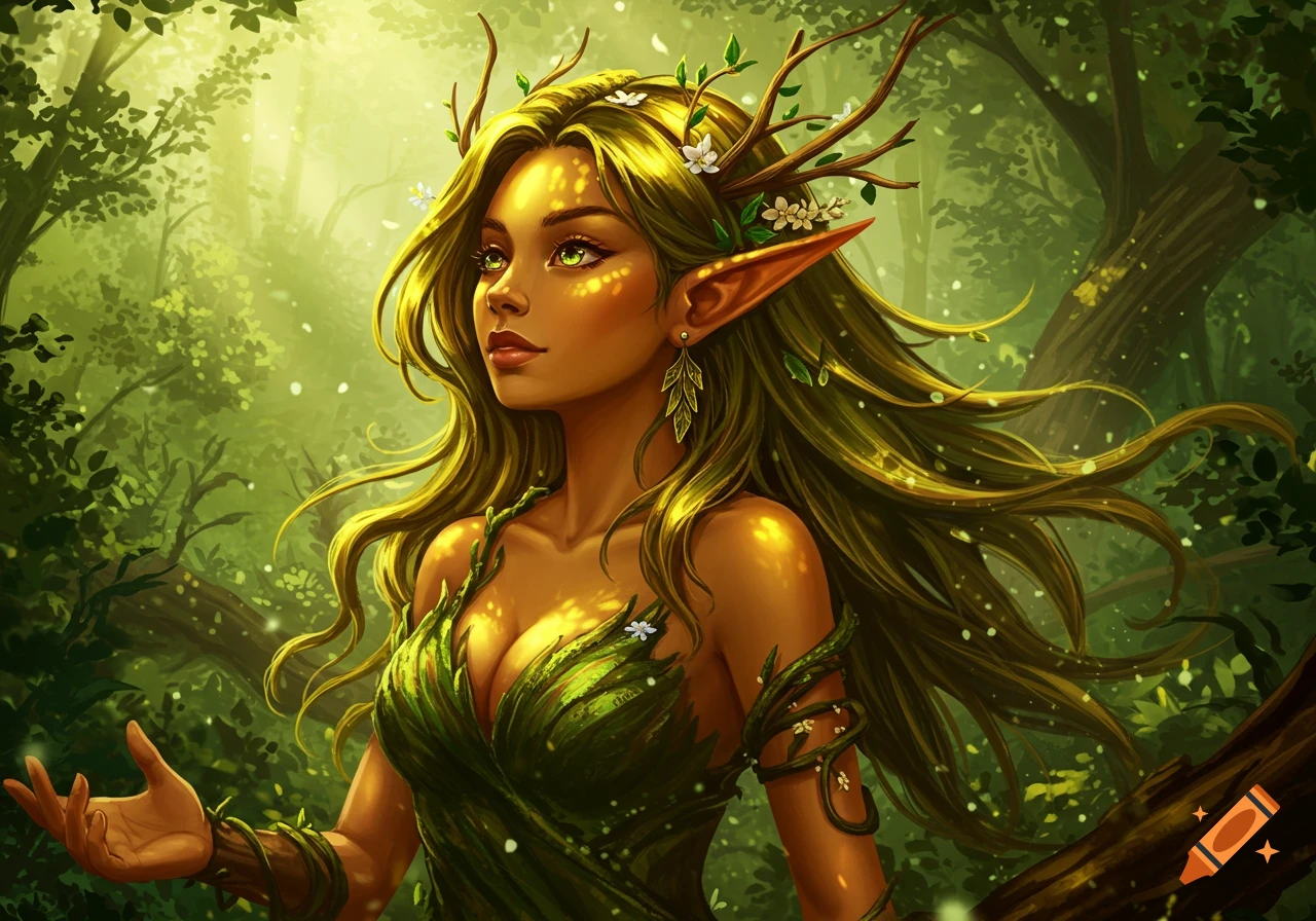 A detailed digital painting of a female wood elf with honey-colored skin, long green-blonde hair, and a leafy dress, standing in a sun-dappled forest.