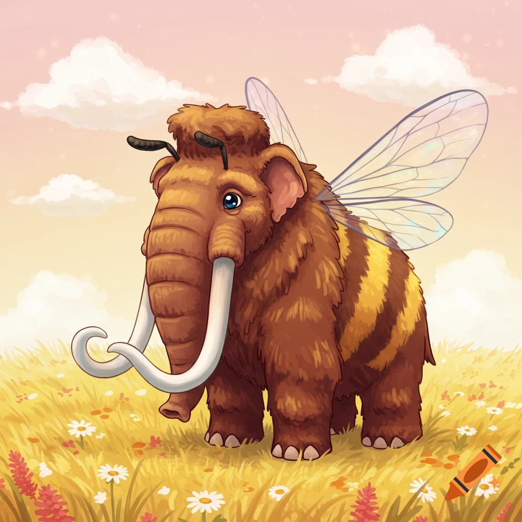 A cute, brown, furry mammoth with bee stripes and wings, bee antennae, and long tusks, stands in a field of wildflowers.