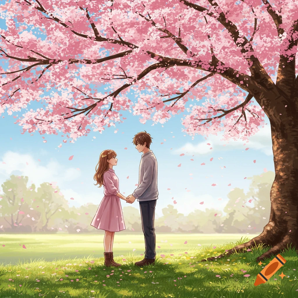 Anime illustration of a couple holding hands under a pink cherry blossom tree in a sunny park.