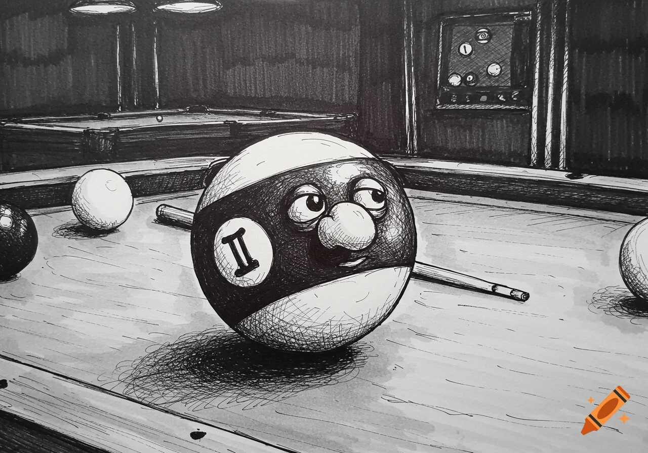 Black and white pen sketch of a cross-eyed billiard ball with a nose on a pool table.