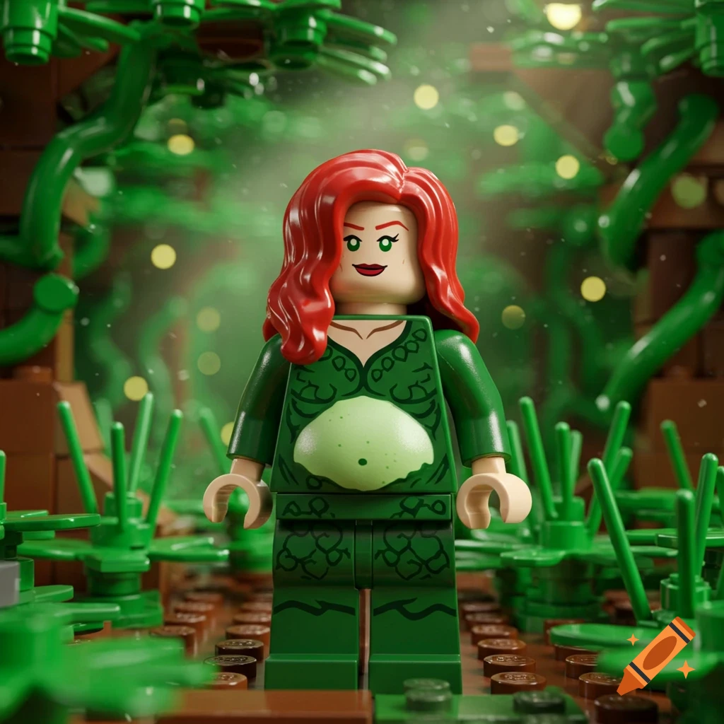 A pregnant Lego minifigure of Poison Ivy stands amidst green vines and foliage.