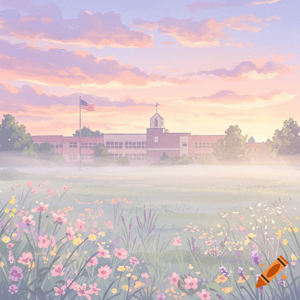 Pastel watercolor painting of a school building with a cross and American flag across a field of wildflowers under a cloudy sunset sky.