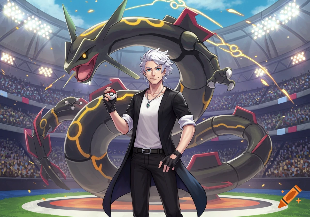 Anime style artwork of a confident male Pokémon trainer holding a Poké Ball, with a large black Mega Rayquaza behind him in a stadium.