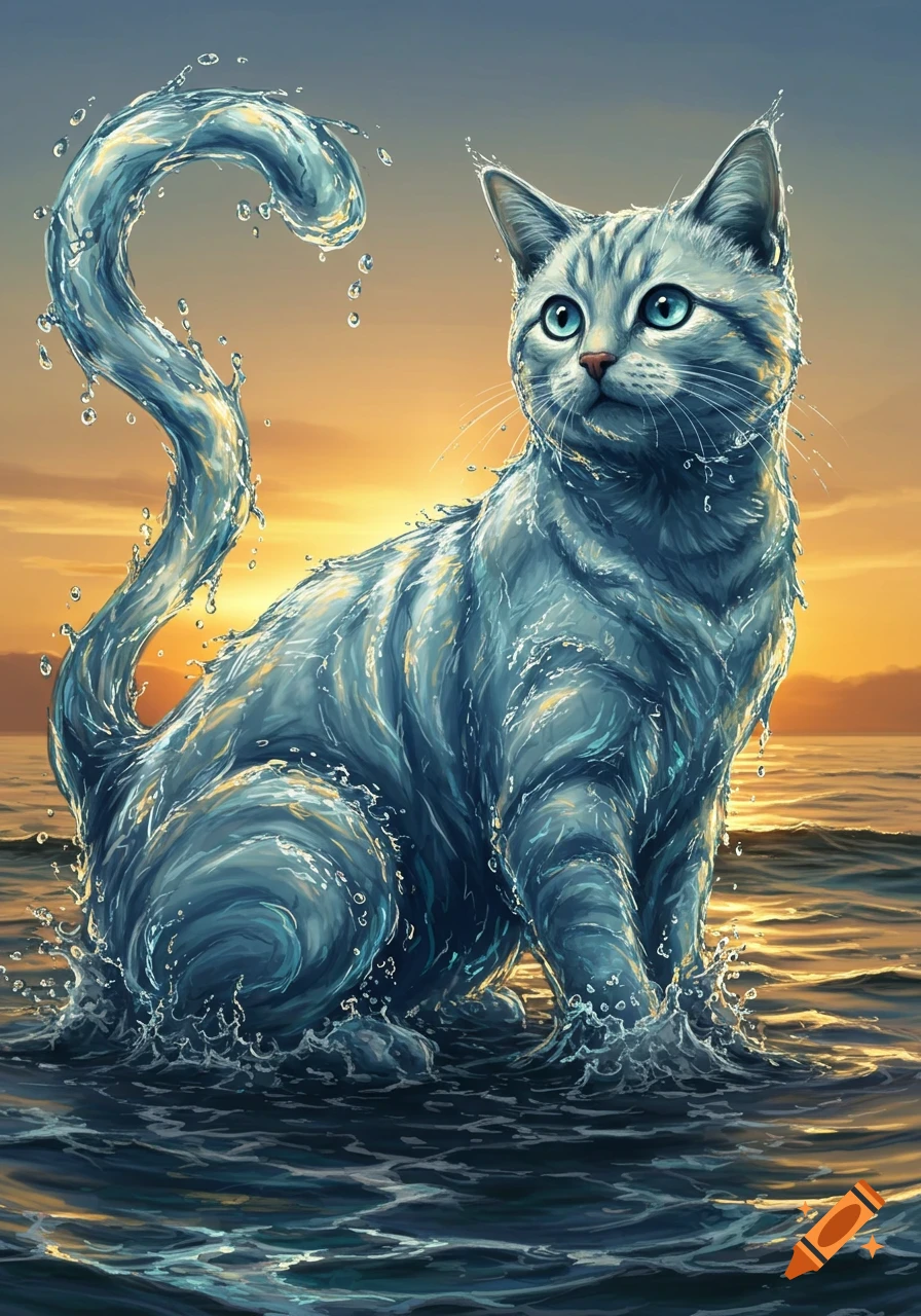 A majestic water cat with blue eyes sits in the ocean, water splashing around it, at sunset.