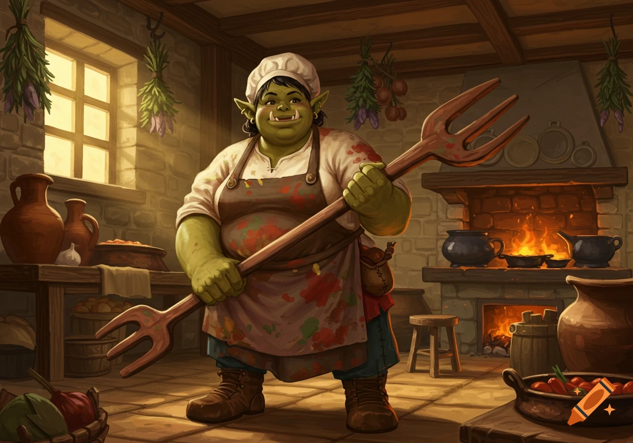 A green-skinned Ogre female cook wearing an apron holds a large wooden fork in a rustic kitchen with a fireplace.