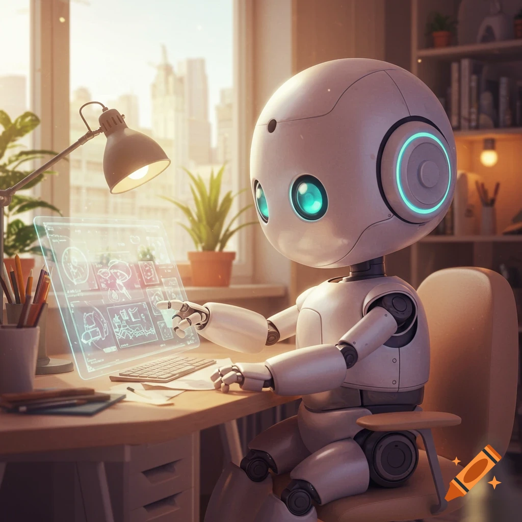 A cute white robot with glowing eyes sits at a desk, drawing on a holographic computer screen in a bright room.