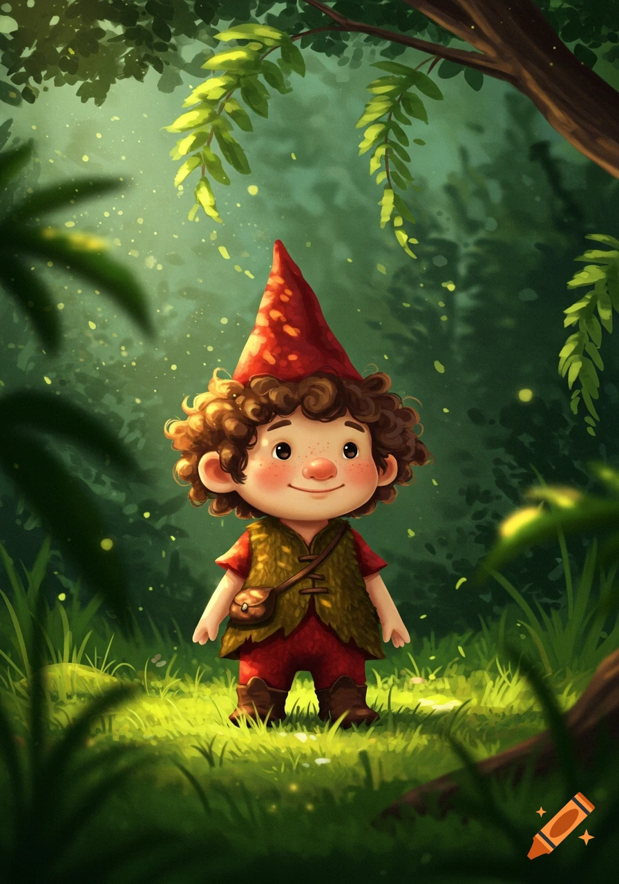 A cute cartoon gnome with curly hair and a red hat stands smiling in a magical forest clearing with dappled light.