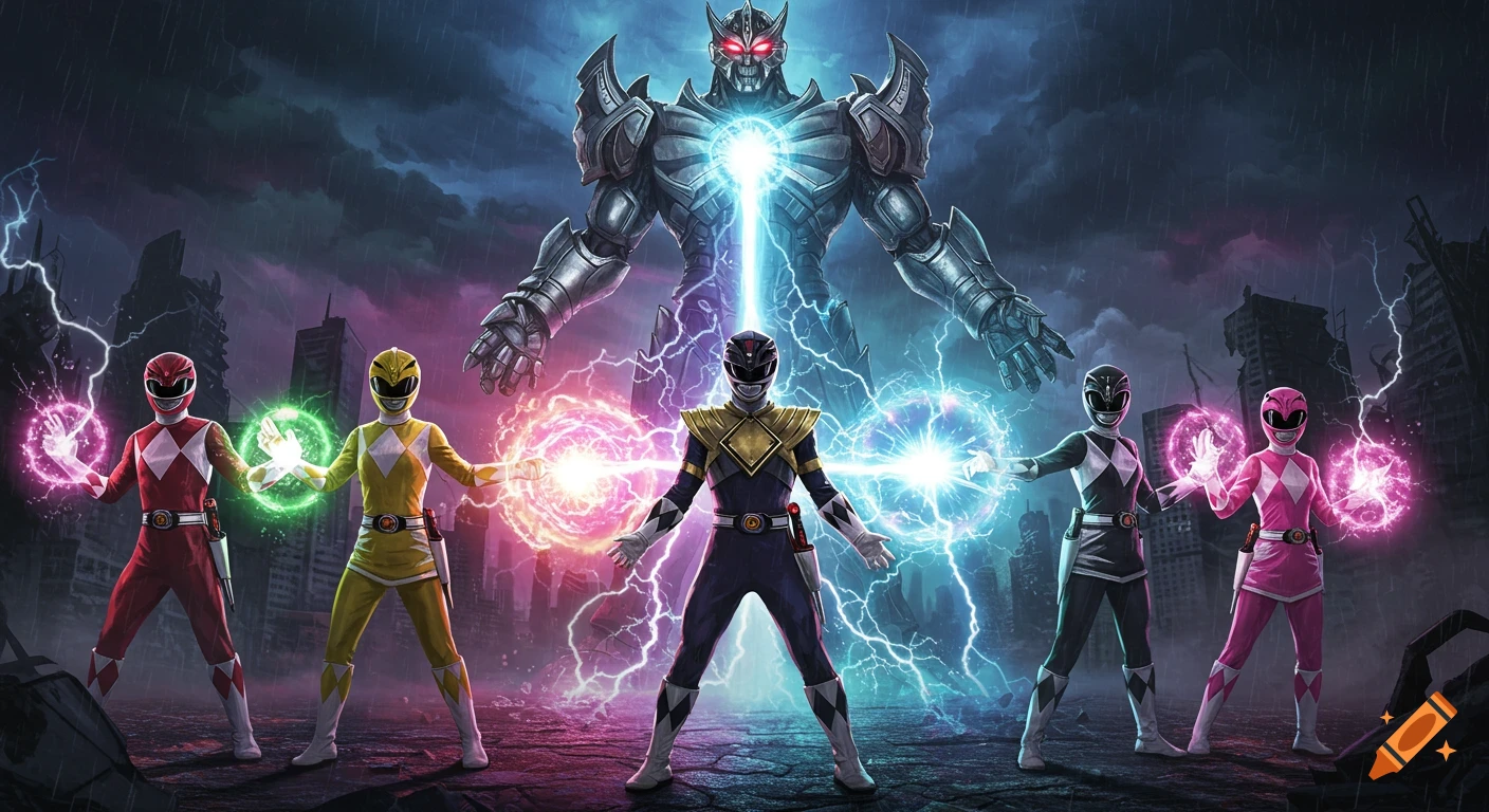 Five Power Rangers blast a giant robot with energy attacks in a destroyed city under a stormy, lightning-filled sky.