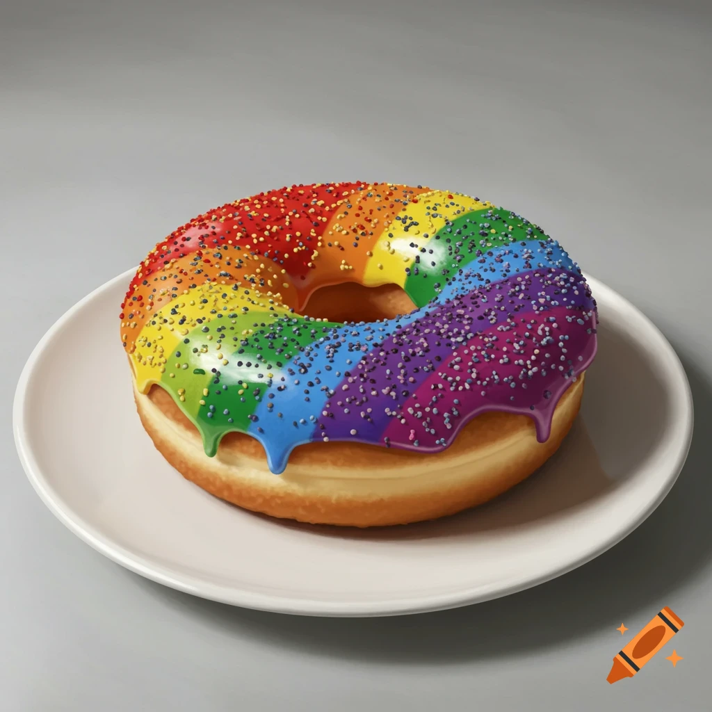 A photorealistic donut with rainbow-striped icing and sprinkles, sitting on a white plate against a gray background.