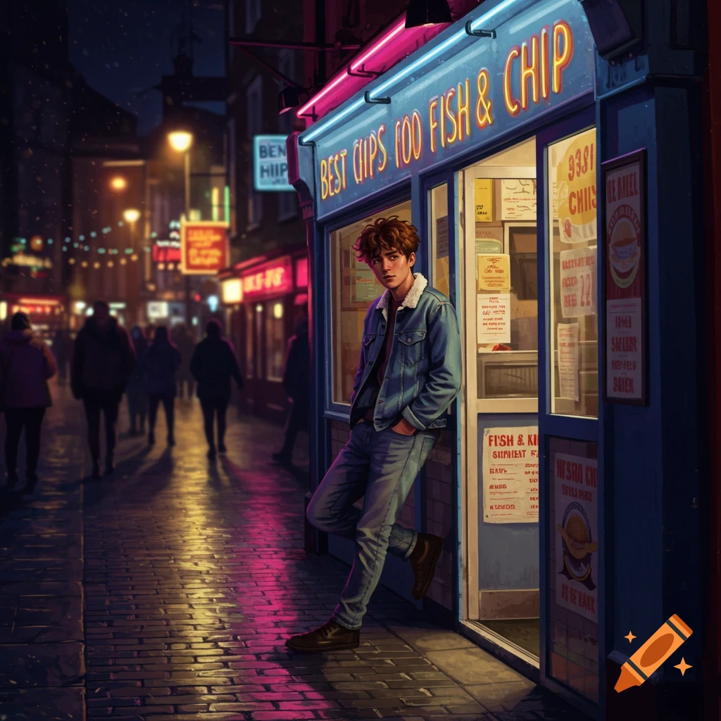 A young man in a denim jacket leans against a neon-lit chip shop on a cobbled street at night, with blurry figures in the background. Digital illustration.