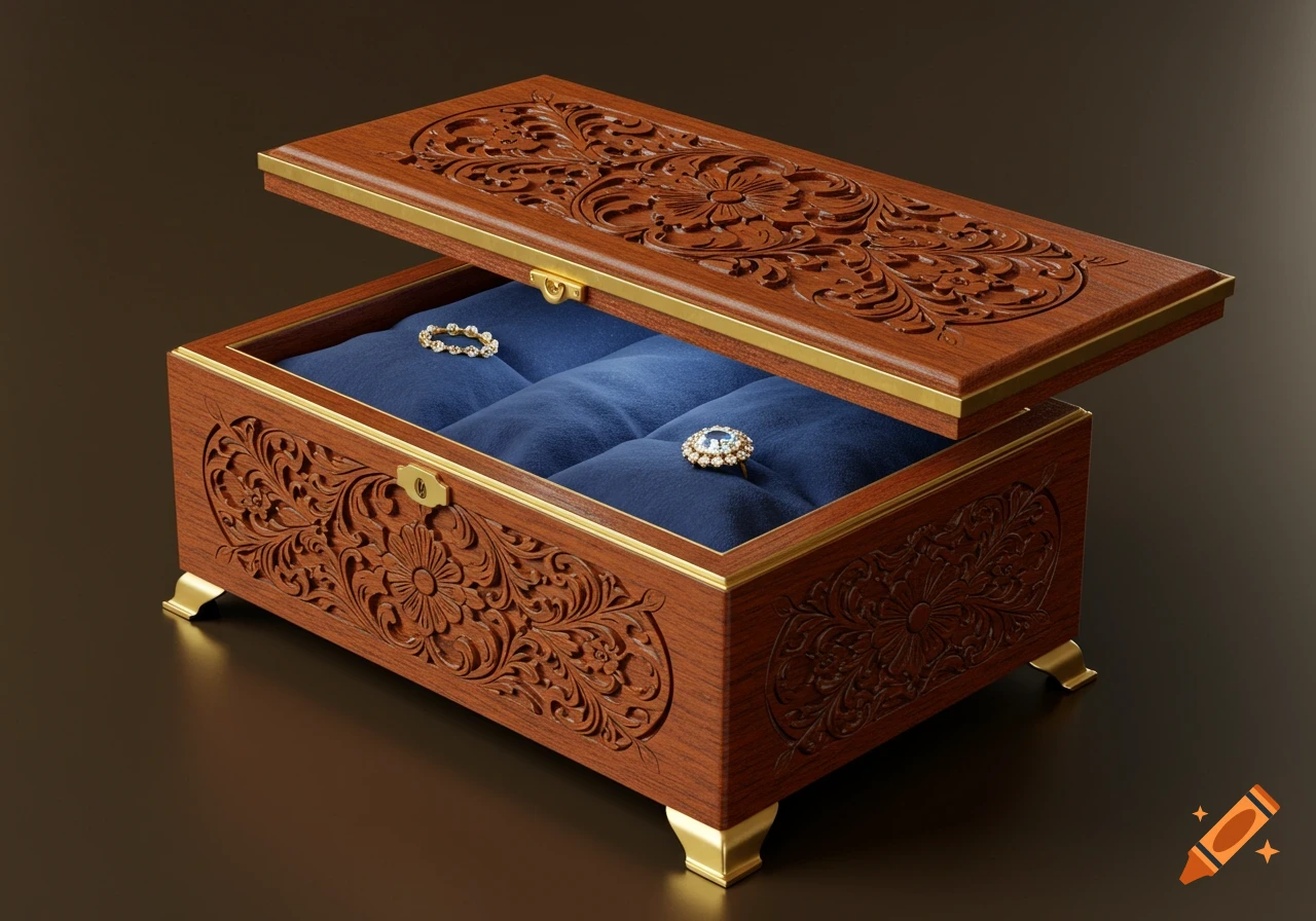 A decorative, carved wooden jewelry box with brass accents, partially open to show two rings on a dark blue velvet interior.