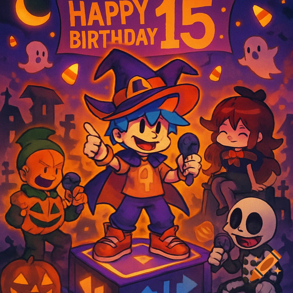 Four cartoon characters, including one in a witch hat, celebrate a Halloween-themed 15th birthday in a graveyard.