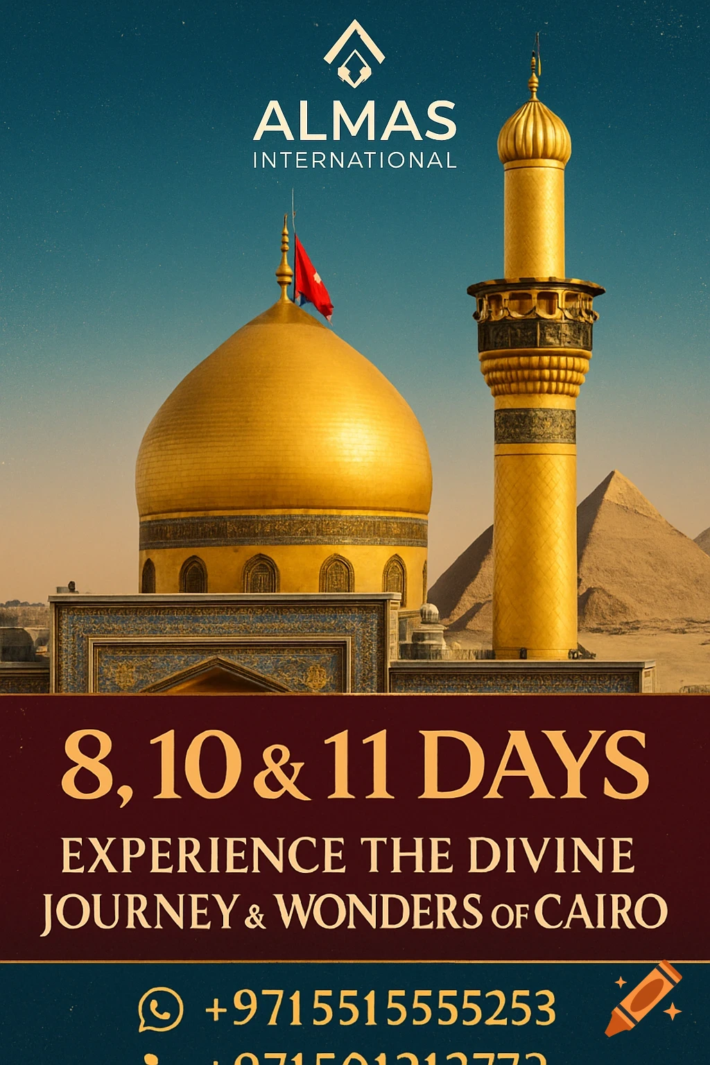 Travel flyer for Almas International tours, showing a golden-domed mosque, minaret, and pyramids in a desert landscape.