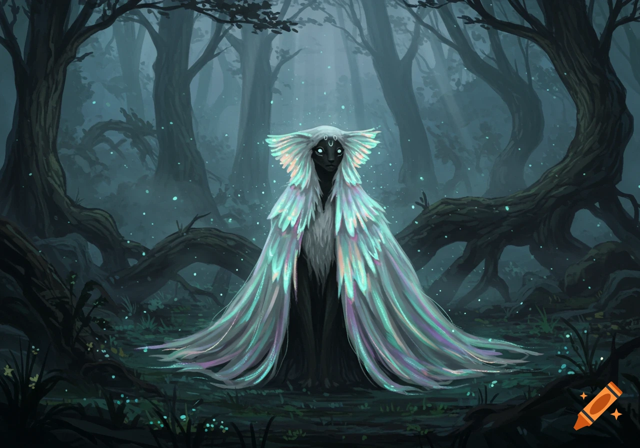 A dark, mysterious creature with glowing eyes and iridescent feather-like cloaks stands in a misty, gnarled forest with glowing specks.
