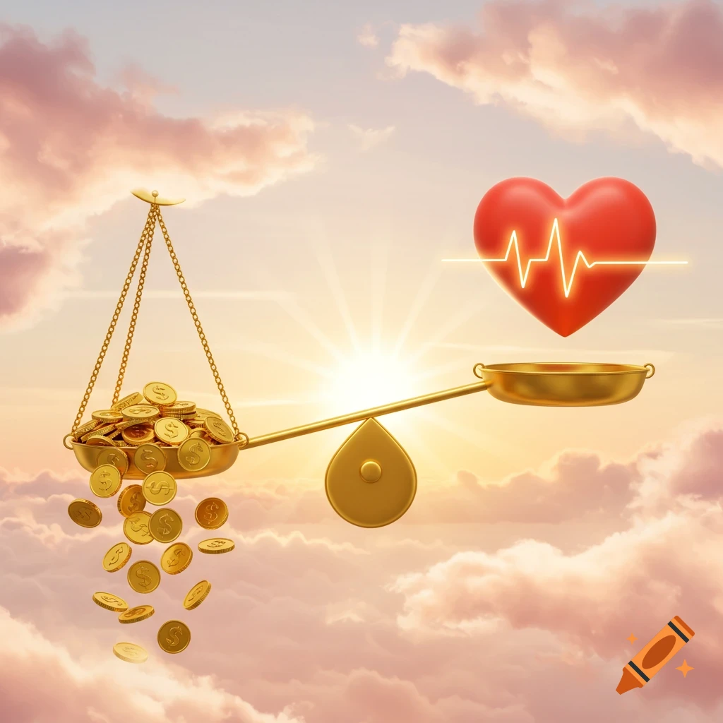 A golden scale with money overflowing from one side and a red heart with an ECG line on the other, in a cloudy, sunlit sky.