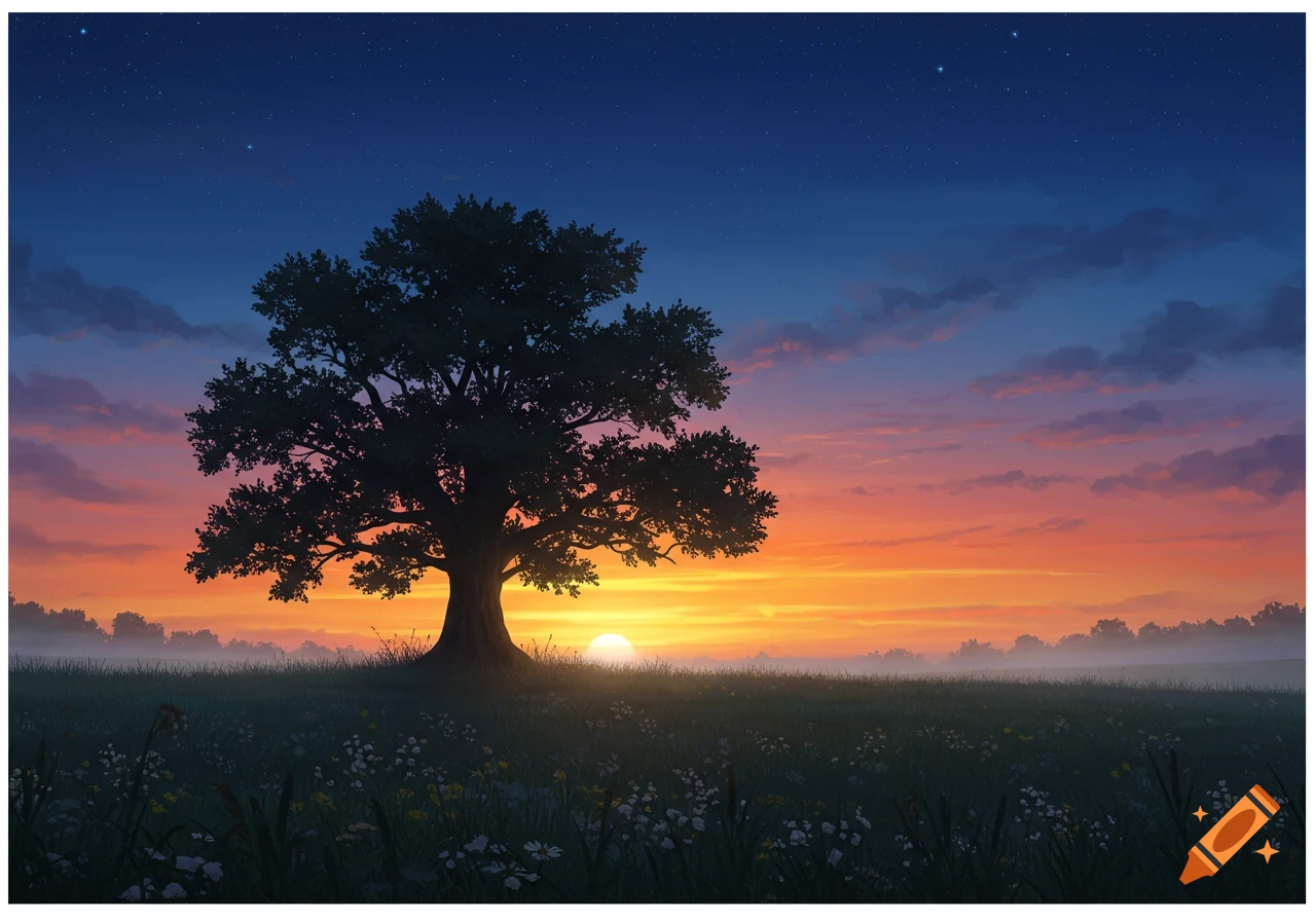 A large tree silhouetted against a vibrant sunset over a misty, grassy field with wildflowers under a starry twilight sky.