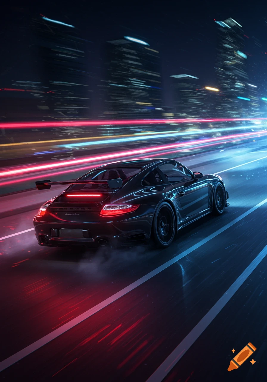 A black sports car speeds down a city street at night, with red and blue light trails blurring in the background.