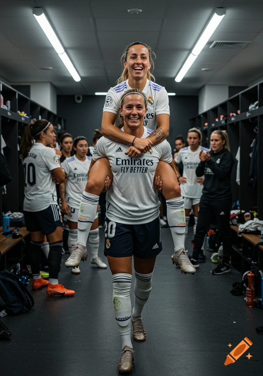 Two smiling female soccer players in Real Madrid uniforms in a locker room, one carrying the other on her shoulders.