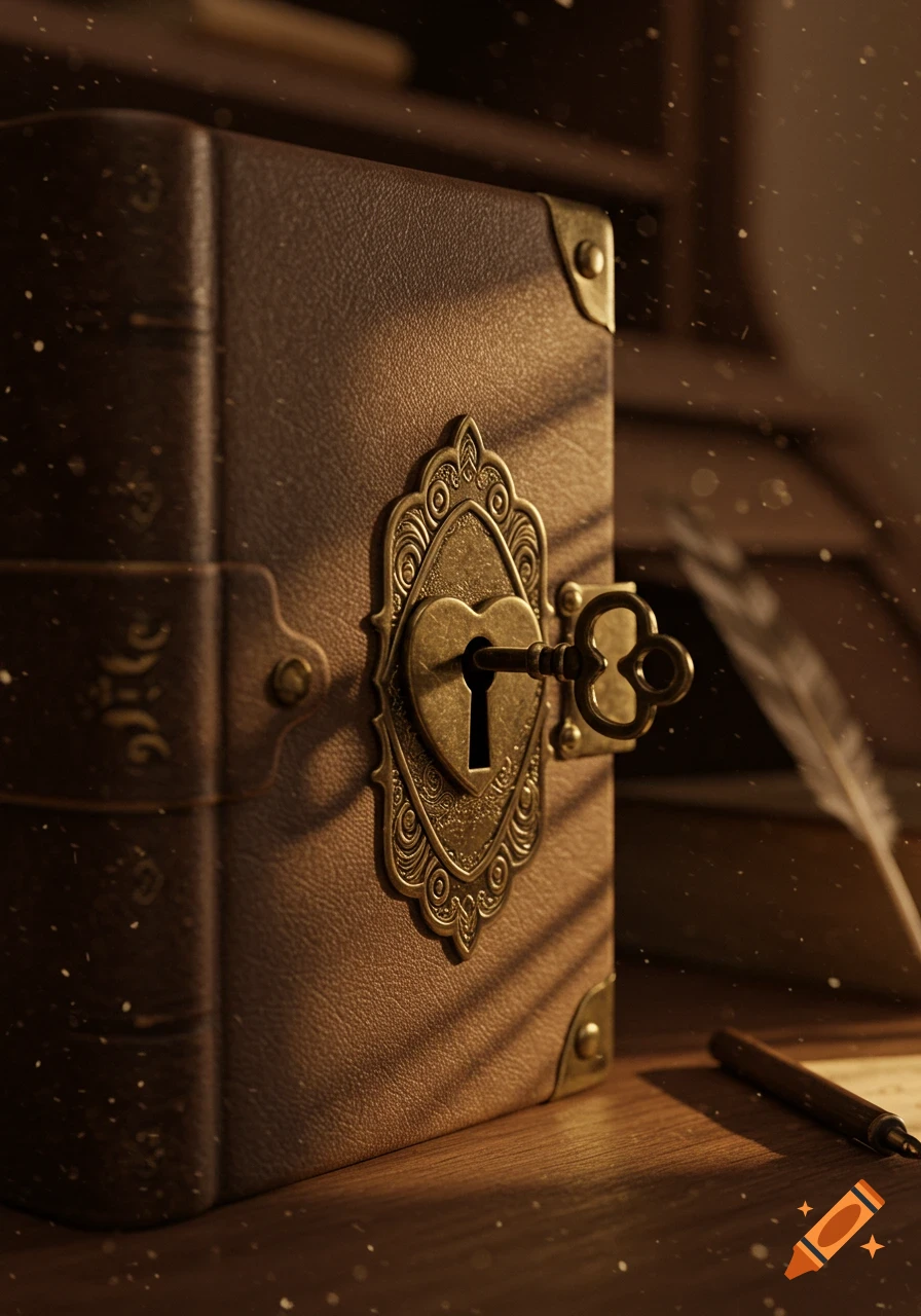A detailed close-up of a vintage leather diary with a heart-shaped lock and a key inserted, on a wooden desk with a quill pen.
