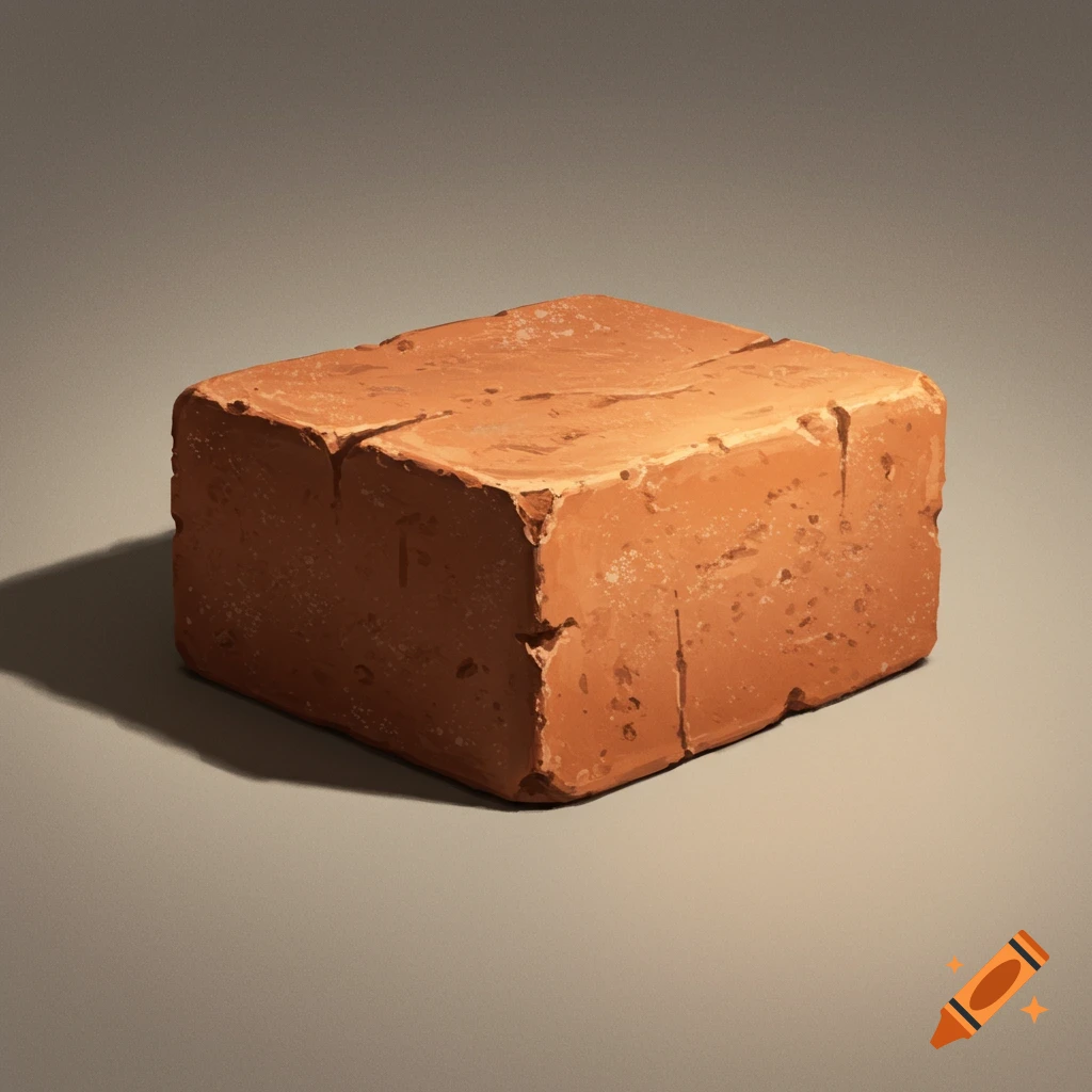 A photorealistic rendering of a single, rustic brick with a rough texture, casting a shadow on a plain gray surface.