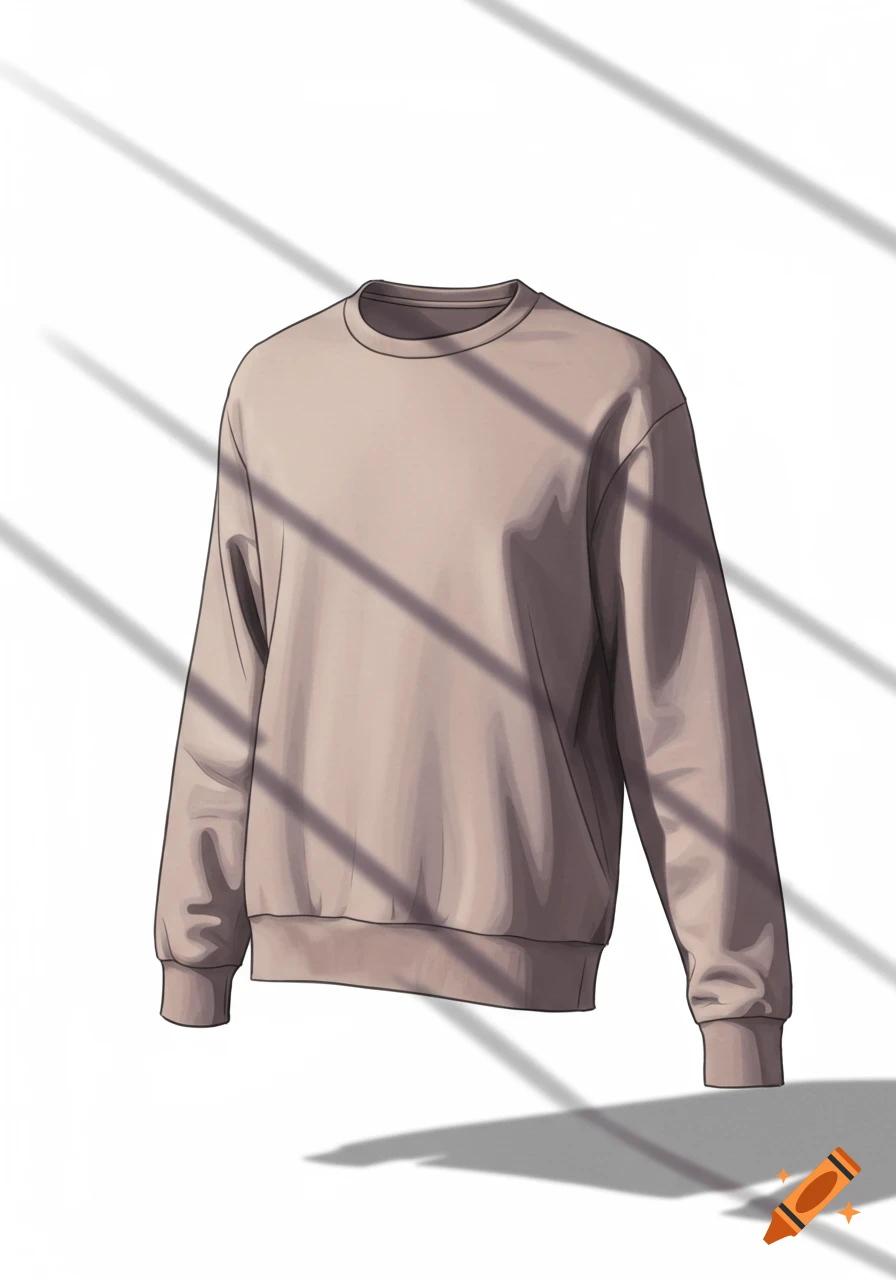 An illustration of a light brown crew neck sweatshirt with diagonal shadows casting across it, on a white background.