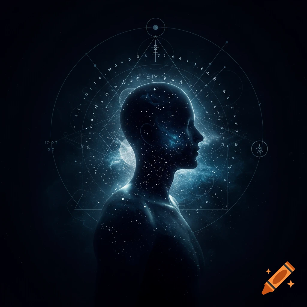 Cosmic silhouette of a human head and torso filled with stars, dark background with glowing geometric and symbolic patterns.