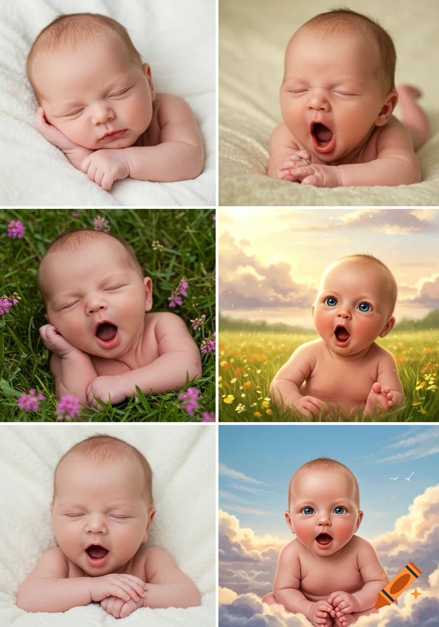 Collage of six newborn babies, some realistic, some digital art, sleeping, yawning, or looking curious in diverse settings like blankets, grass, and clouds.