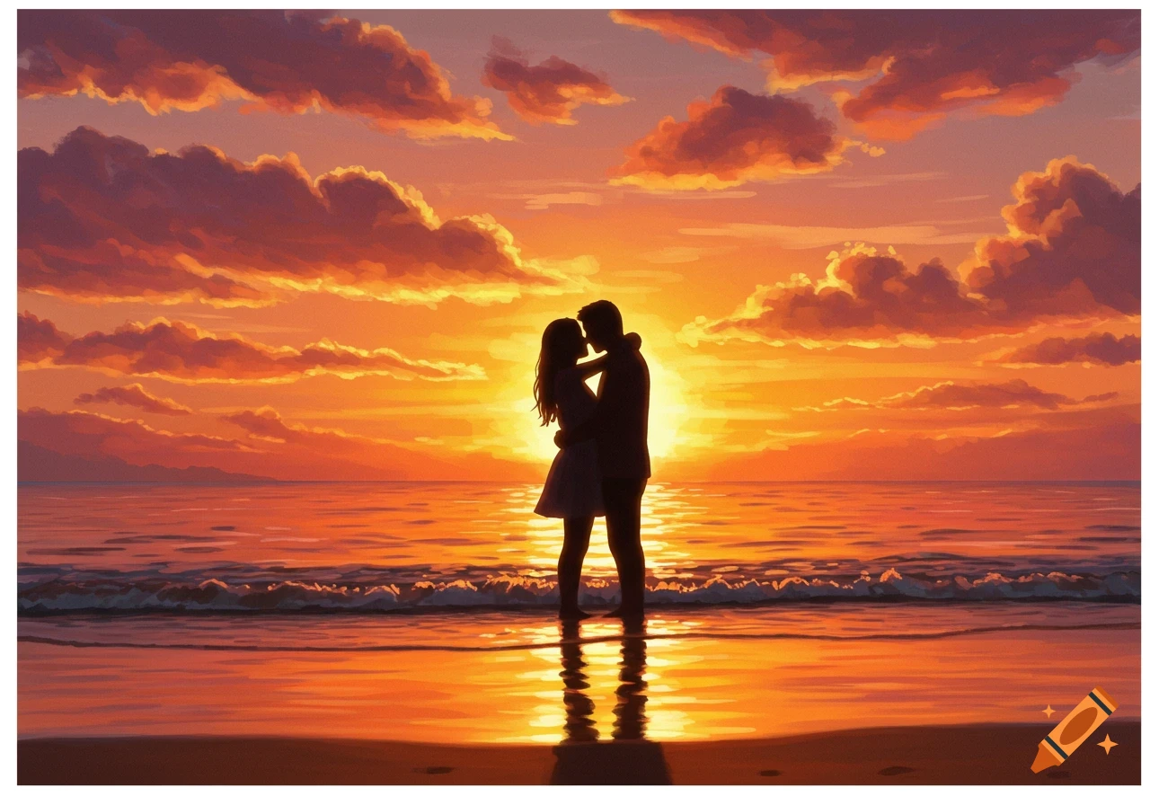 Silhouette of a couple kissing on a beach at sunset, with vibrant orange and red clouds over the ocean, painterly style.