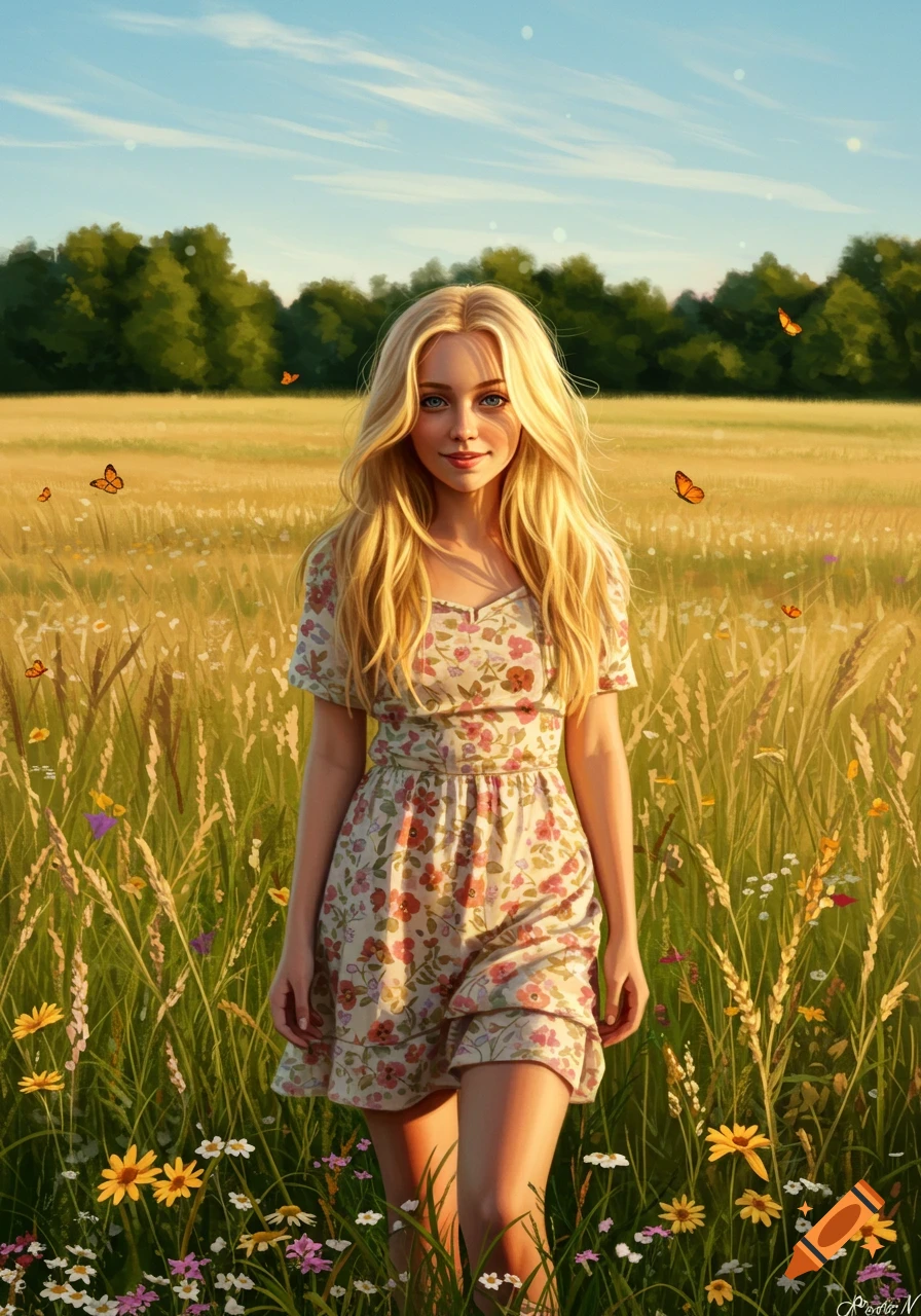 A blonde woman in a floral dress walks through a sunlit field with butterflies and wildflowers, illustrated in a vibrant style.