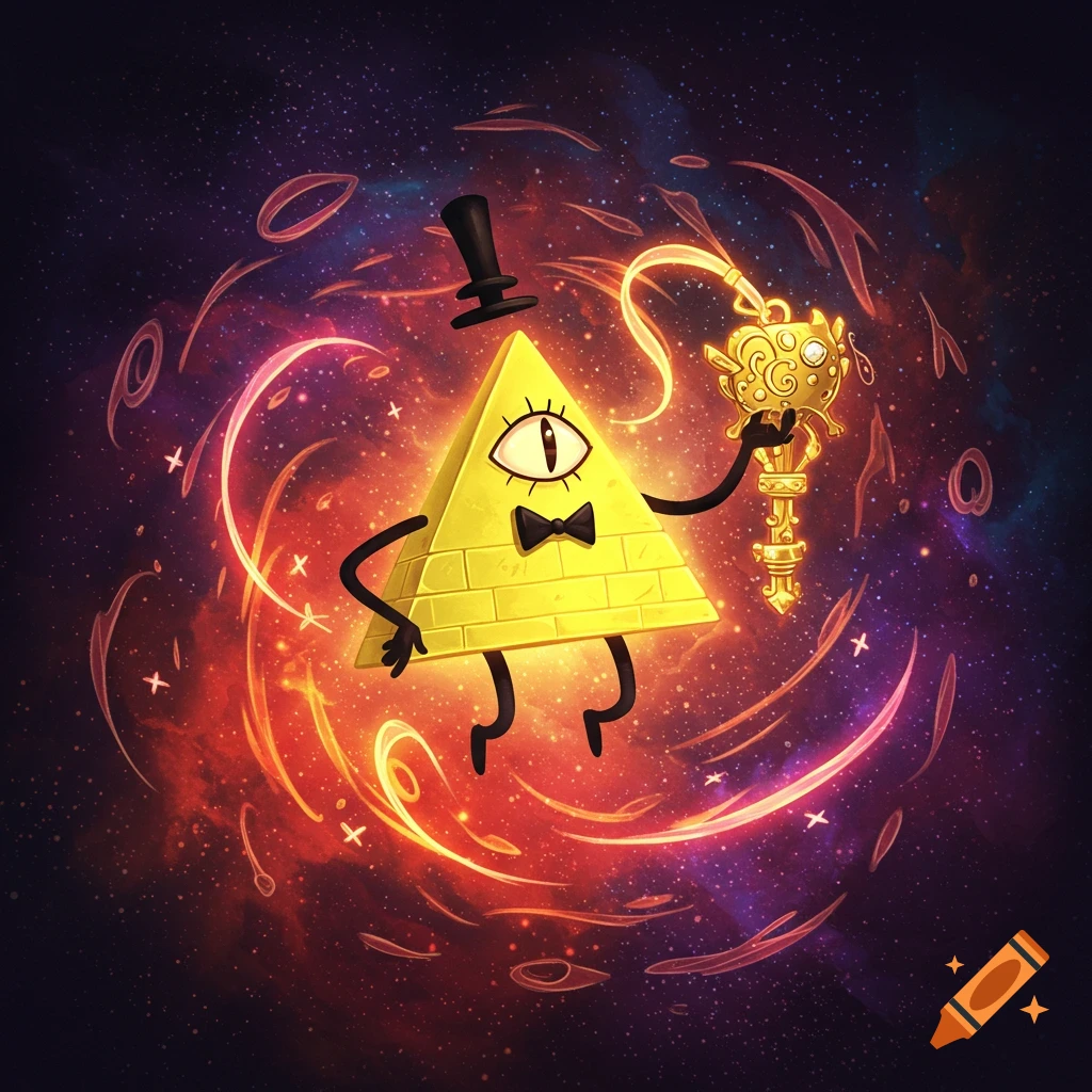 A stylized illustration of Bill Cipher, a yellow, one-eyed pyramid with arms and legs, wearing a top hat and bowtie, holding an ornate golden monster key. He floats against a swirling cosmic background of red, orange, and purple.