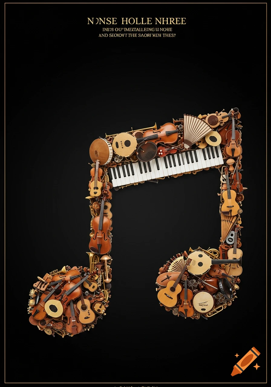 A large music note formed by many small, realistic musical instruments like pianos, guitars, violins, and drums, set against a dark background.