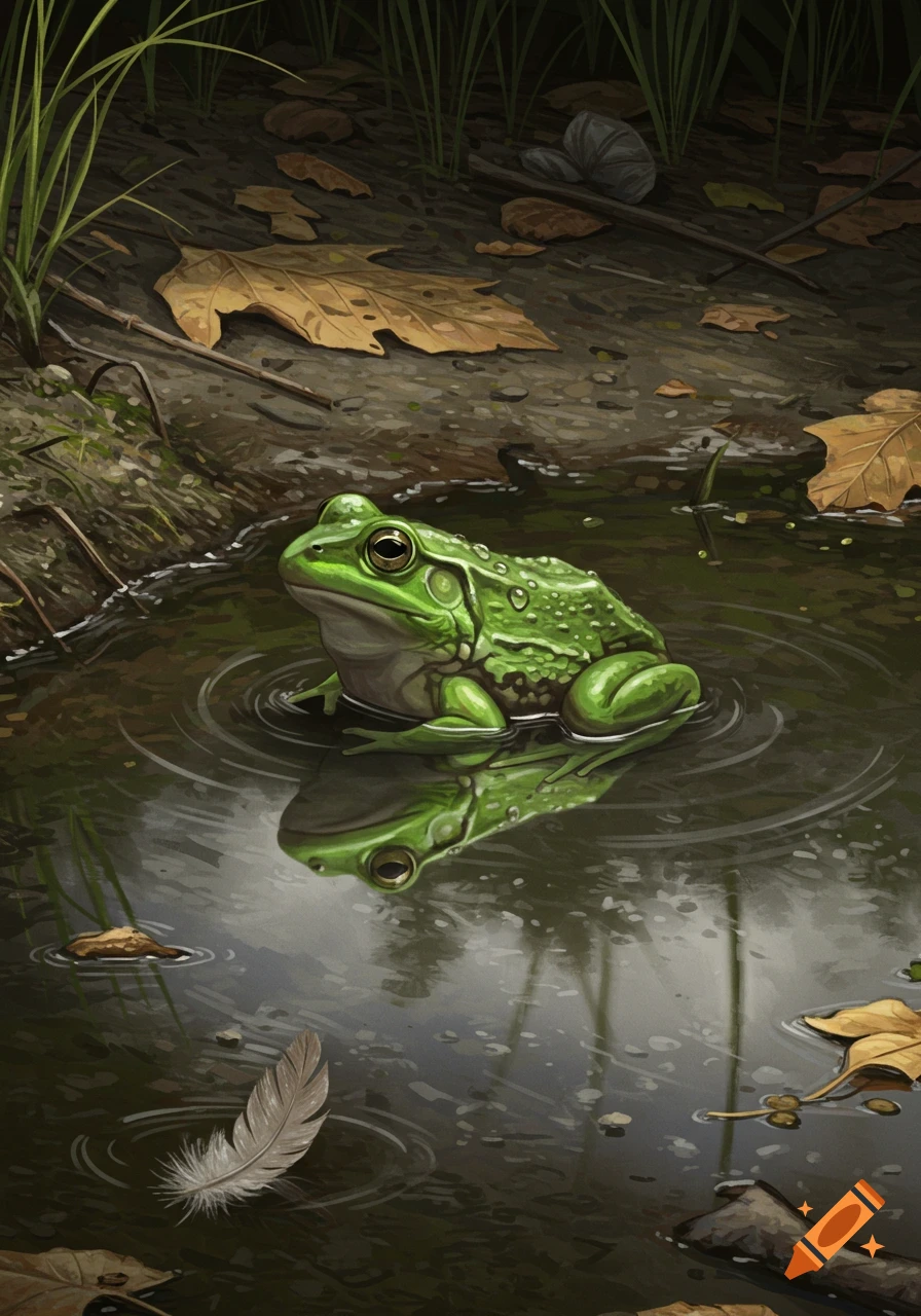 A vibrant green frog with its reflection sitting in a muddy puddle surrounded by fallen leaves and grass, in an illustrative style.